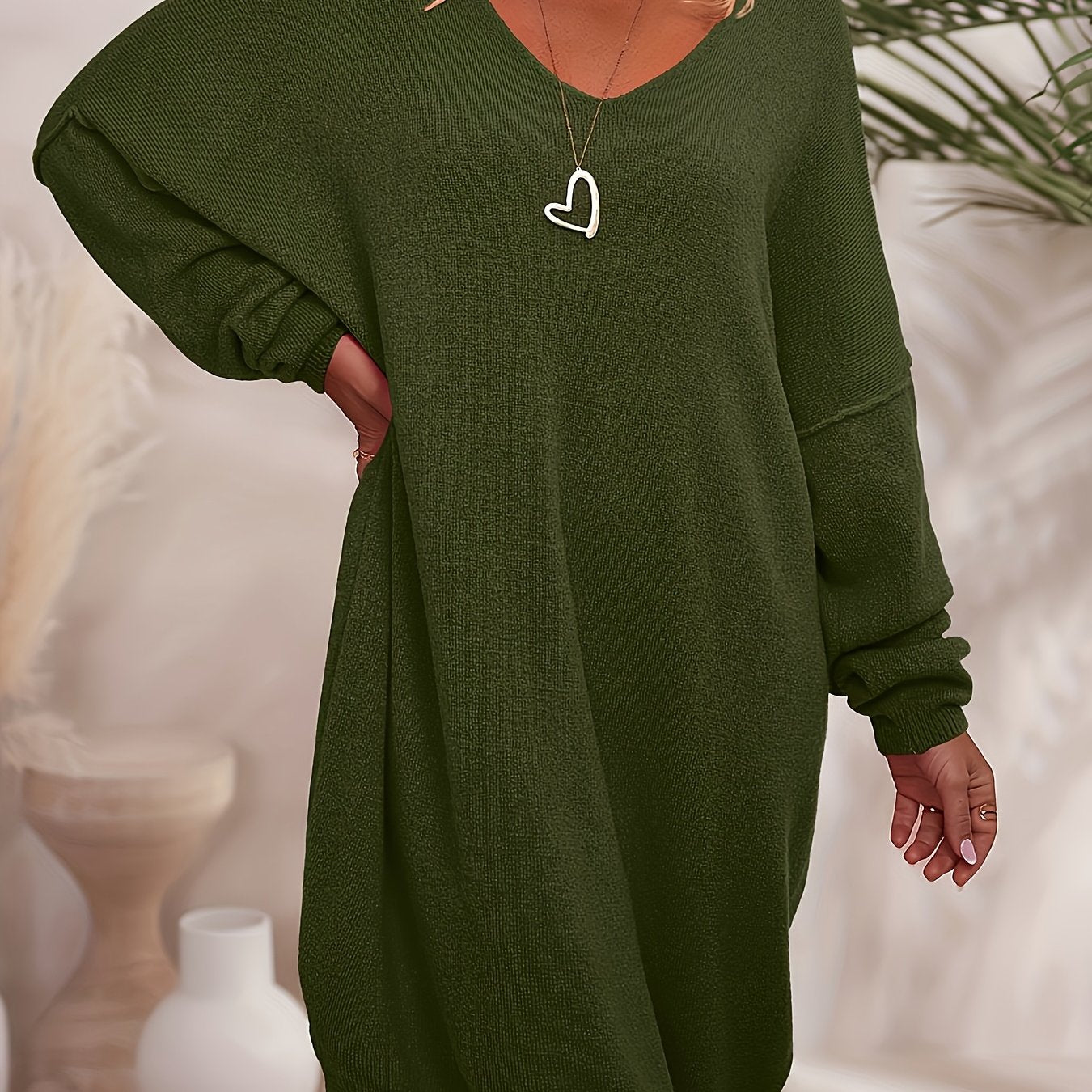 Plus Size Women’s Knitted V-Neck Dress Set Long Sleeve Solid Autumn Winter