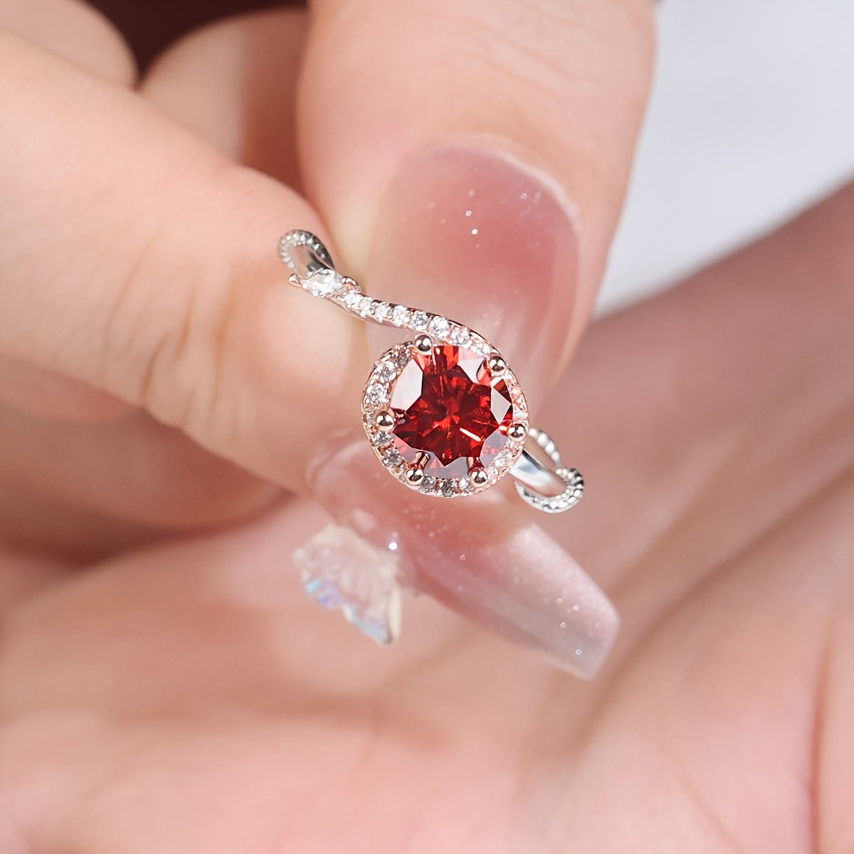 Women's Engagement Ring 1ct Moissanite Twist Red Beads Sterling Silver Hypoallergenic