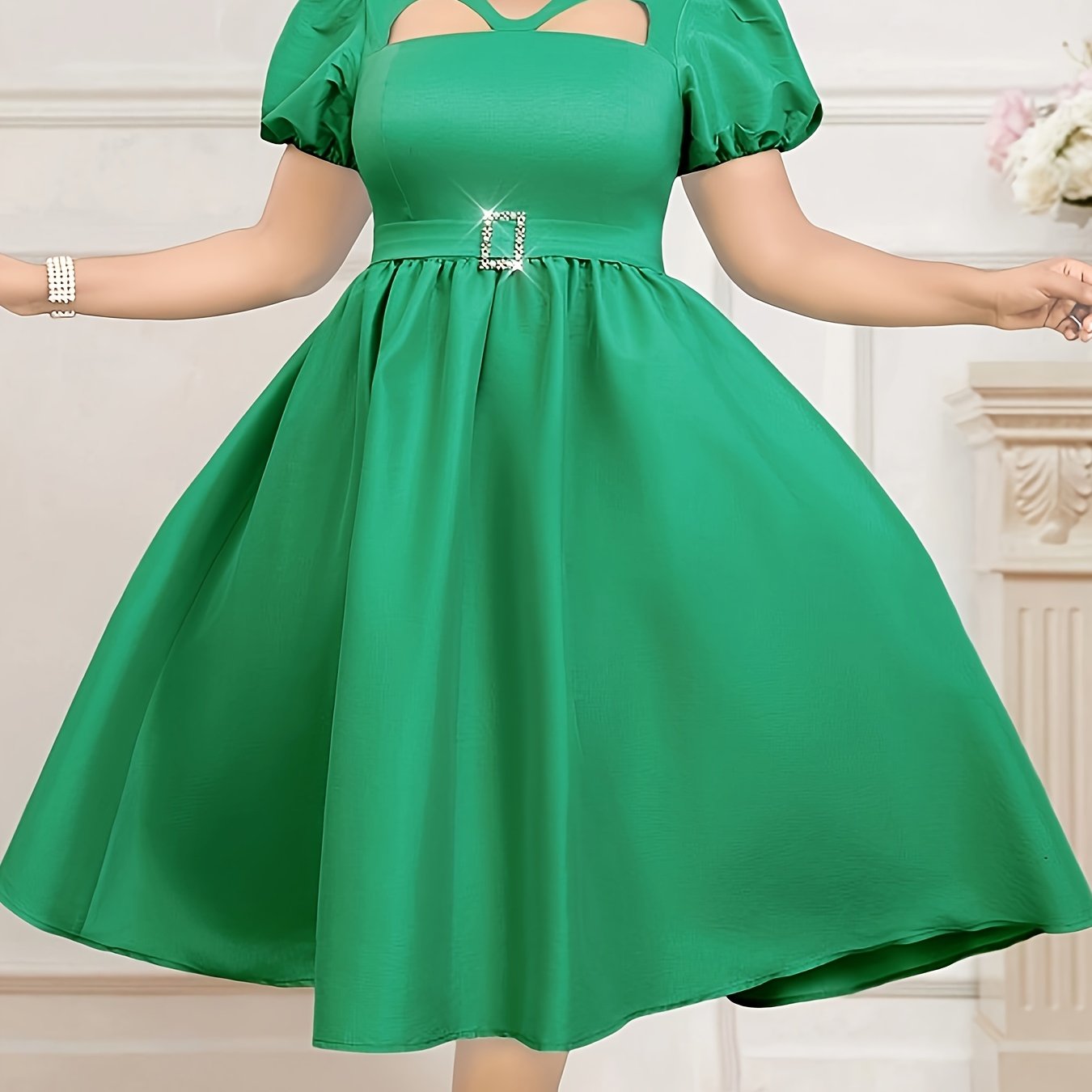 Women's A-Line Midi Party Dress V-Neck Puff Sleeves Belt Solid Color