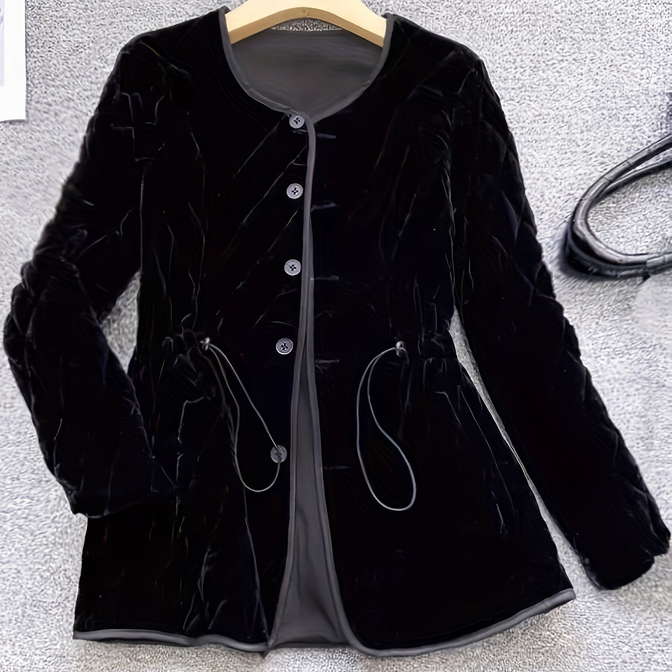 Women's Black Velvet Jacket with Waist-Cinching, Button Front, Tie Details for Spring Fall