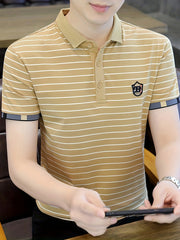 Men's Striped Cotton Golf Shirt Short Sleeve Embroidered Print Casual Lapel Summer Outdoor