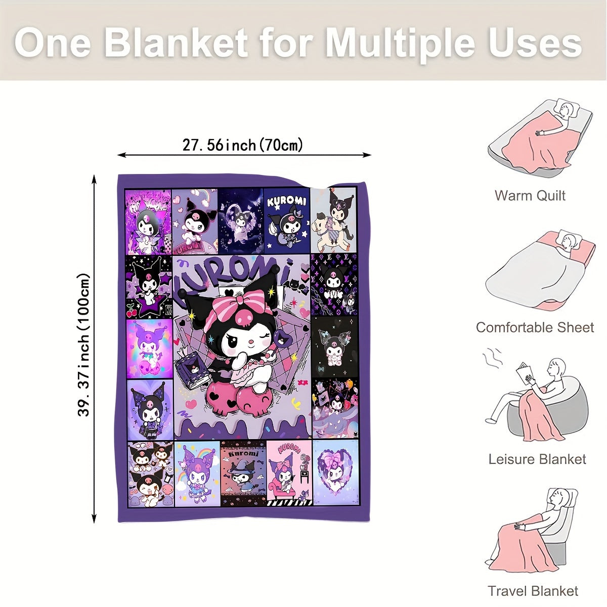 Kuromi Cartoon Flannel Throw Blanket for Kids and Adults Soft Cozy All-Season Bedding