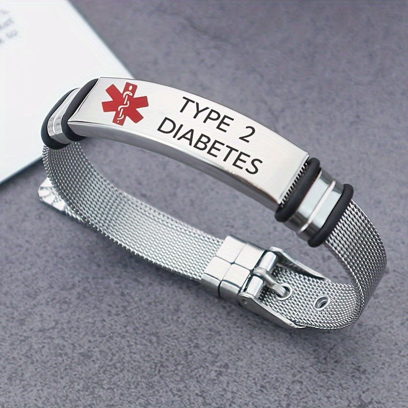 Adult Stainless Steel Medical Alert Bracelet Adjustable with Red Caduceus