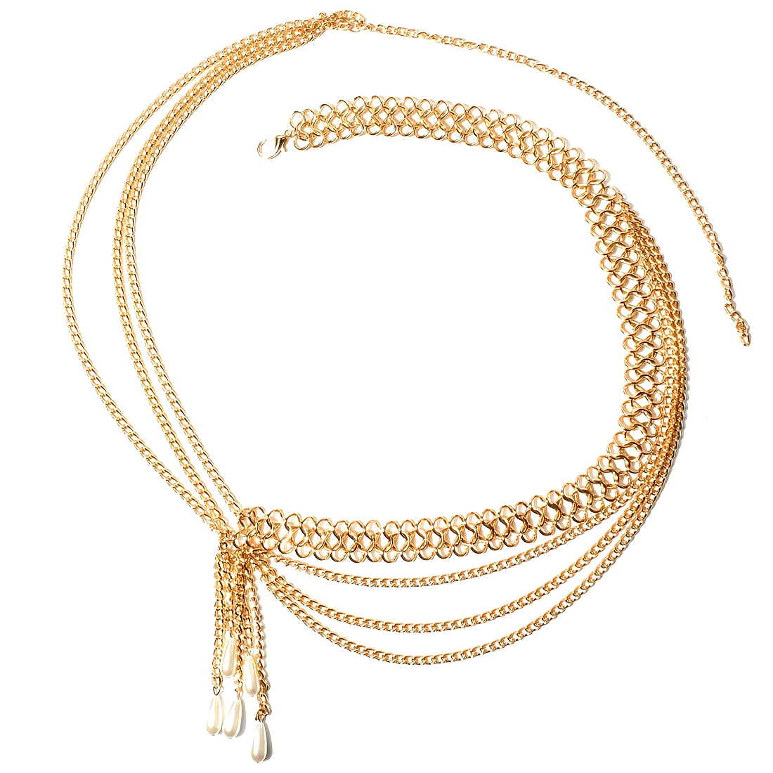 Women Vintage Geometric Faux Pearl Fringe Chain Belt Boho Waist Girdle Gold
