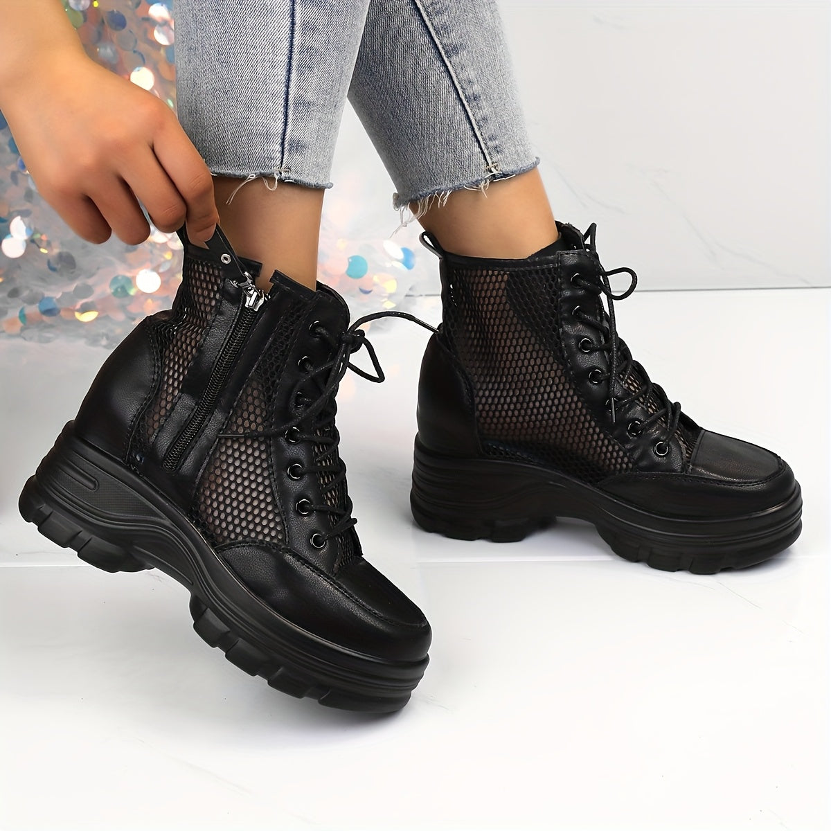 Women's Mesh Summer High Heel Booties with Side Zipper and Hollow Design