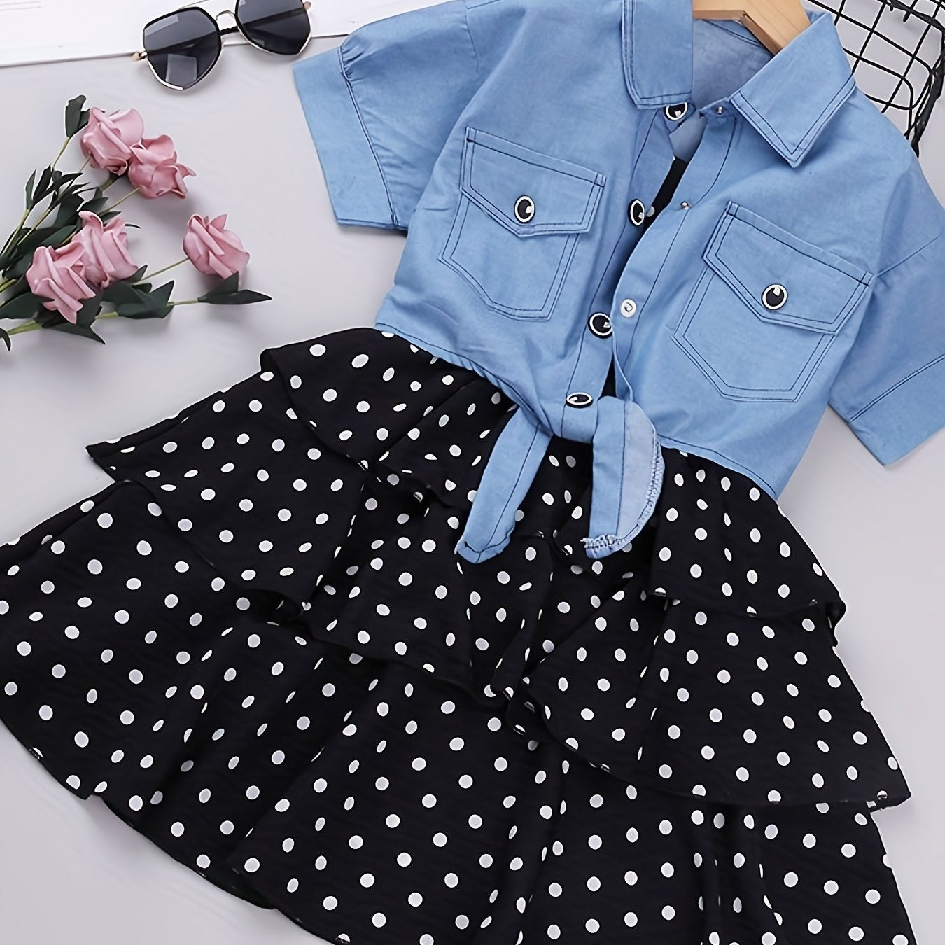 Girls' Summer Polka Dot Skirt and T-Shirt Set for Girls Aged 13 Plus