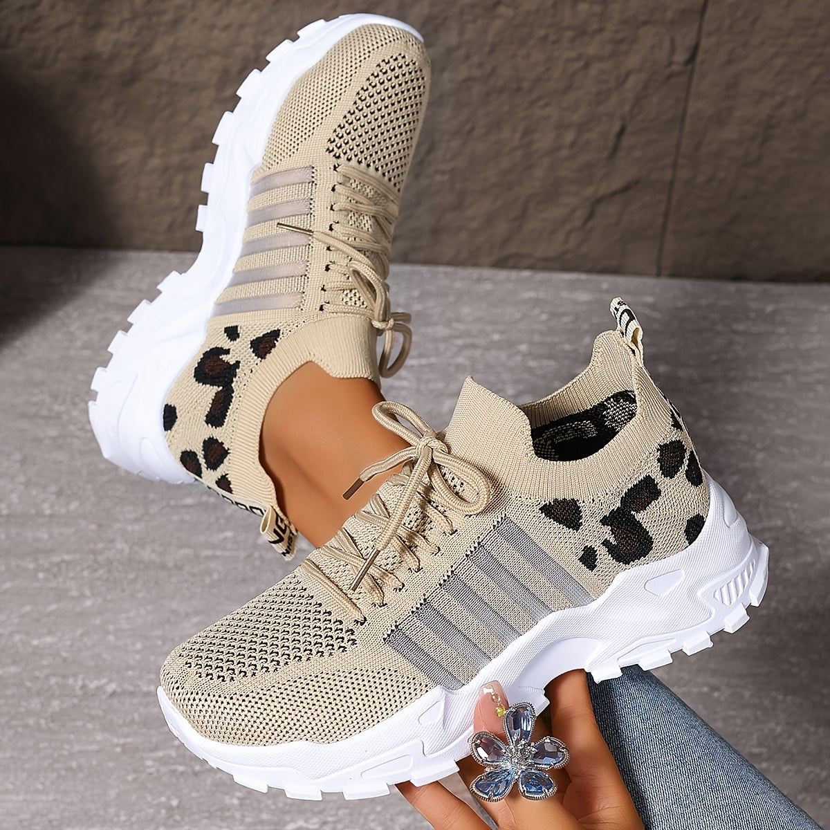 Plus Size Women's Leopard Print Breathable Mesh Sneakers for Walking and Casual Wear