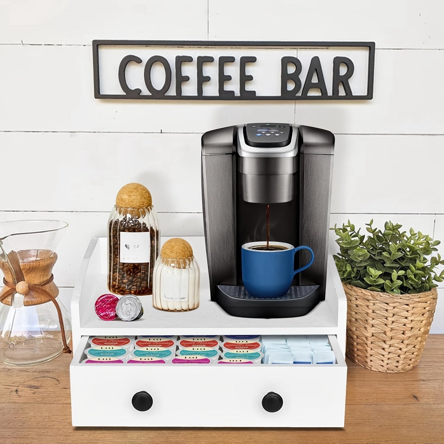 Rustic Wood Coffee Station Organizer with Drawer and K Cup Holder