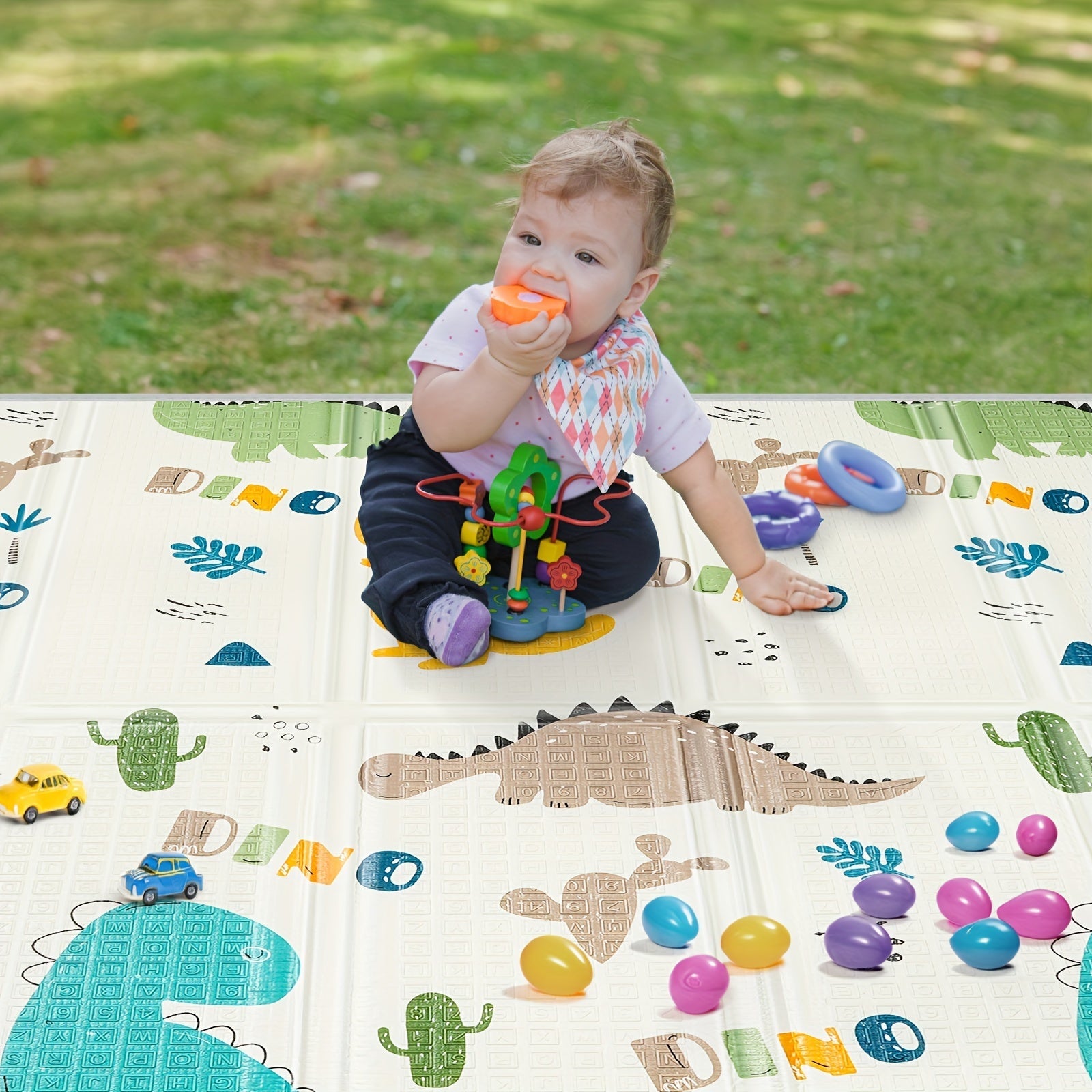 Reversible Seahorse and Stars Play Mat Waterproof Foam Safety Pad 127cm with Fence