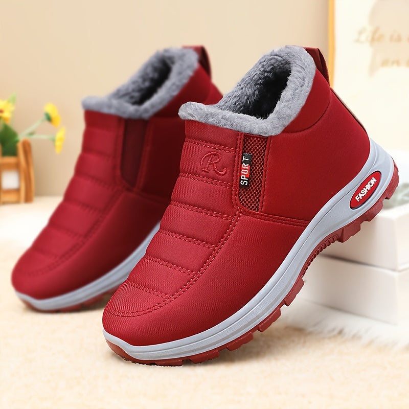 Women's Fleece-Lined Short Winter Boots Black Red Comfortable Outdoor Shoes