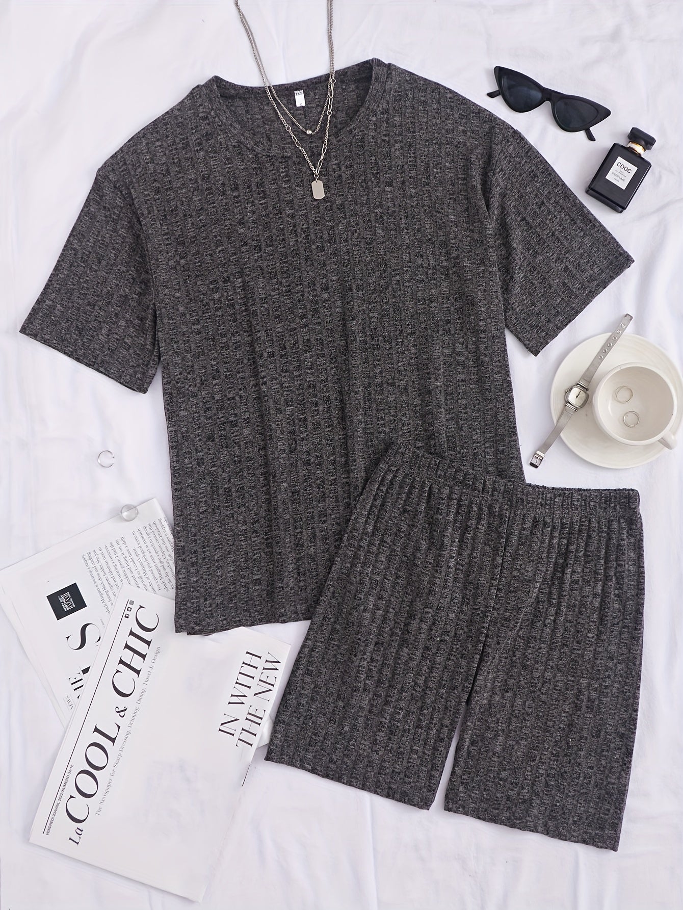 Women's Casual Rib-Knit Viscose Pajama Set with Crew Neck Half Sleeve Top and Shorts
