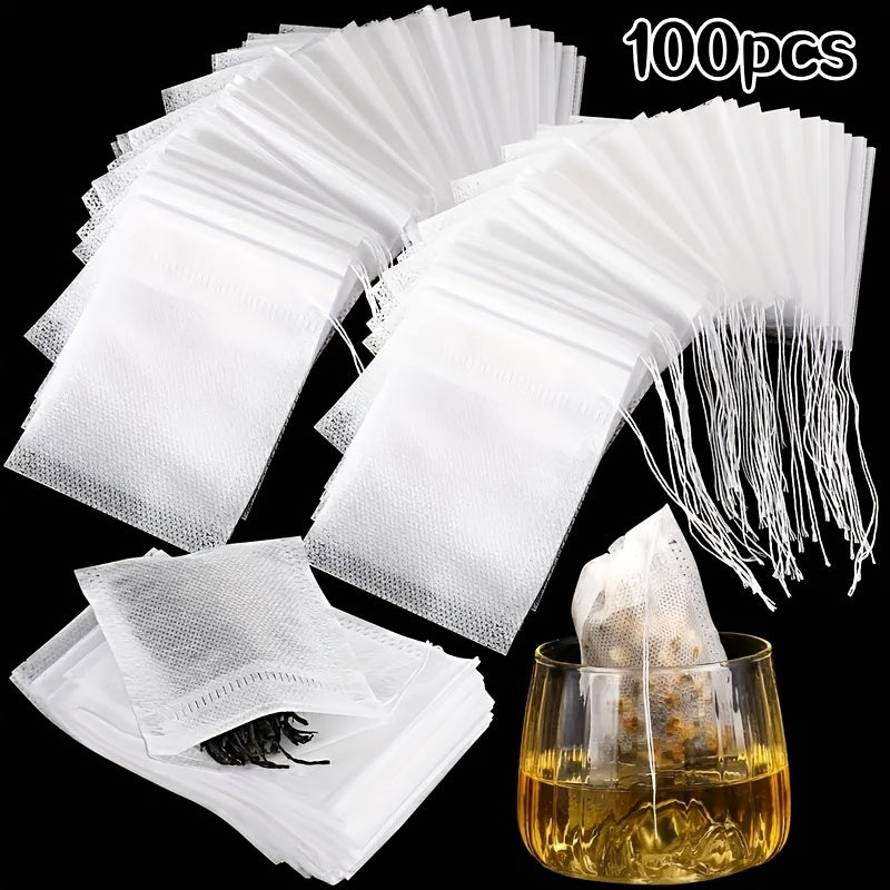 Pack of 100 Disposable Tea Bags with Drawstring, Clear Non-Woven Fabric, Scented Tea Leaves