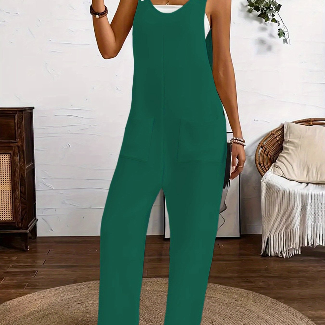 Women's Sleeveless Jumpsuit Solid Purple Wide Leg Pockets Stretchy