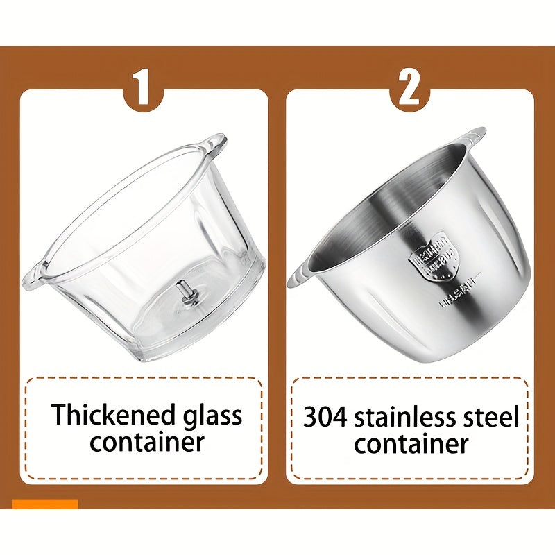 2 tezlik, 4 ta bi-balandlikdagi zanglamaydigan po'latdan yasalgan pichoq bilan kuchli Oziq-ovqat protsessori va go'sht maydalagich, sabzavotlar, piyoz va sarimsoq uchun. Shisha yoki zanglamaydigan po'lat variantlar bilan EU rozetkasi mavjud.