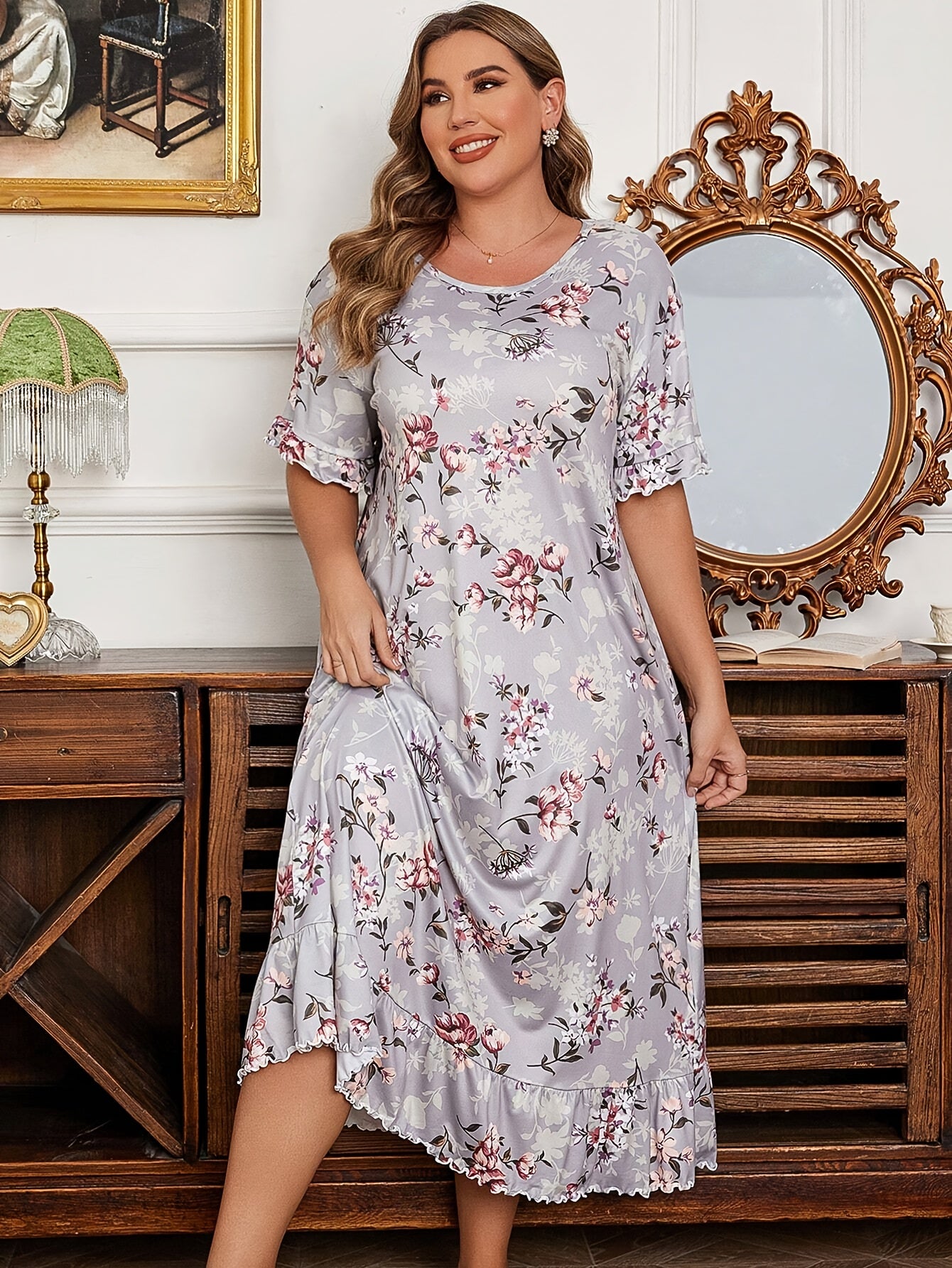 Plus Size Floral Print Short Sleeve Nightgown Dress
