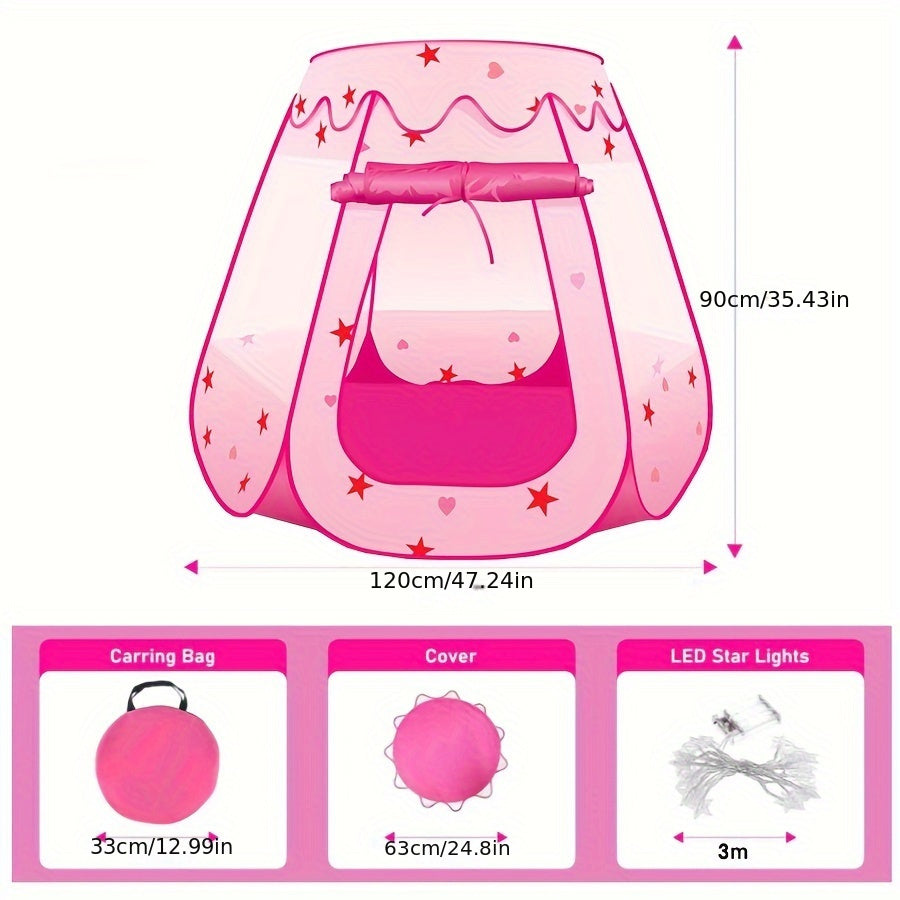Bolalar uchun pushti o'yin chodiri, yulduzli chiroqlar va olib tashlanadigan tom bilan, kichiklar uchun ichki va tashqi foydalanish