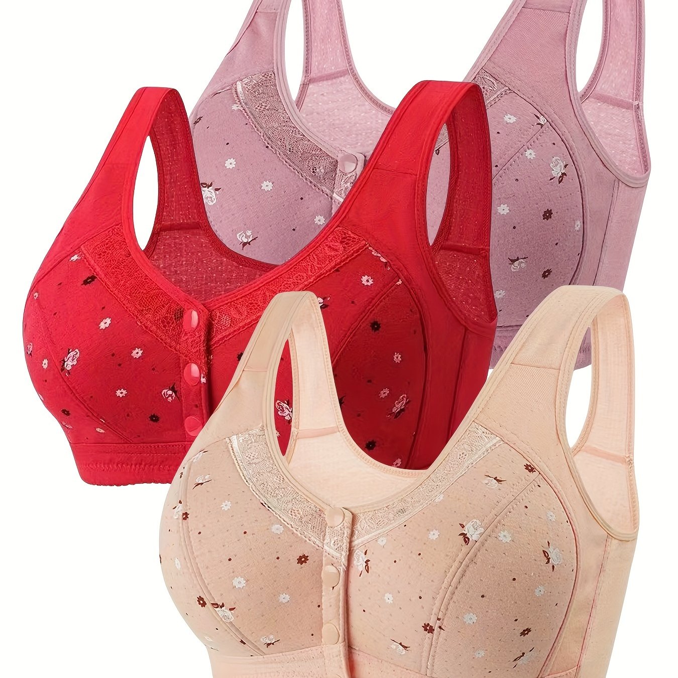 Women's Floral Print Wireless Bra Set with Front Buttons and Adjustable Straps