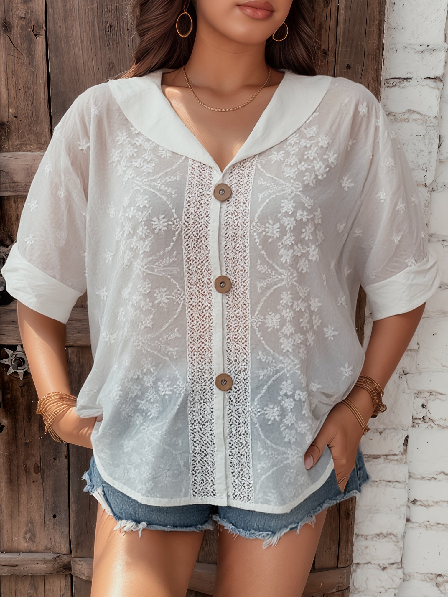 Women's Floral Embroidered Semi-Sheer Summer Blouse White Green Lightweight Top