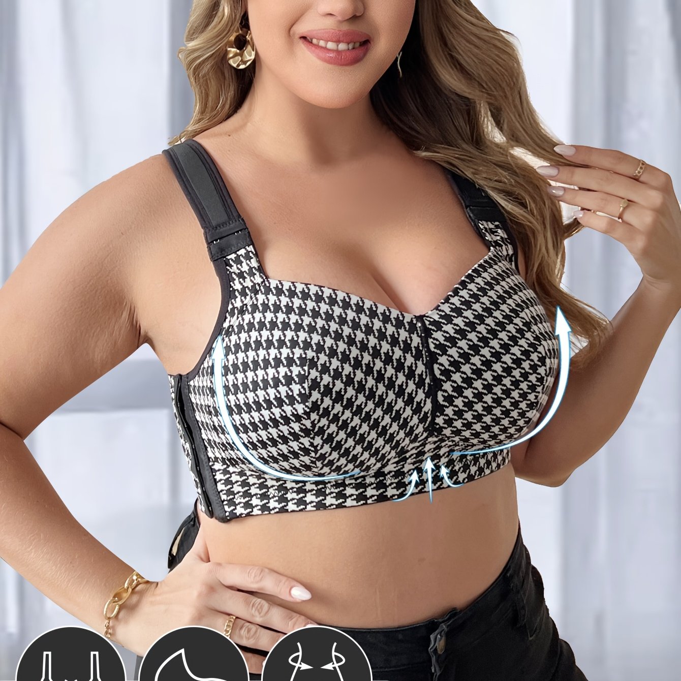 Plus Size Houndstooth Bralette Wireless No Padding Medium Stretch Knit Fabric