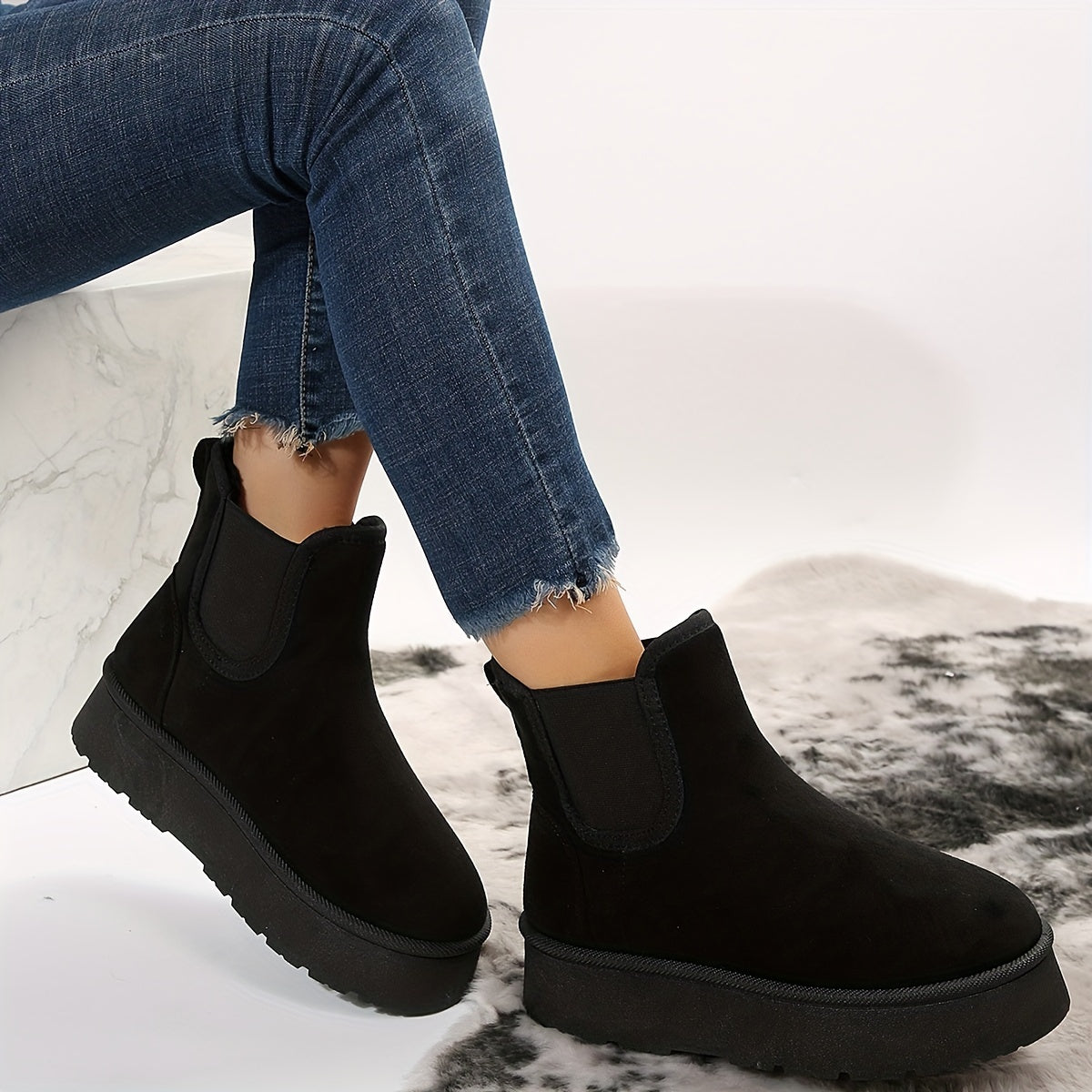 Women's Fleece-Lined Chunky Platform Ankle Boots Casual Winter Shoes
