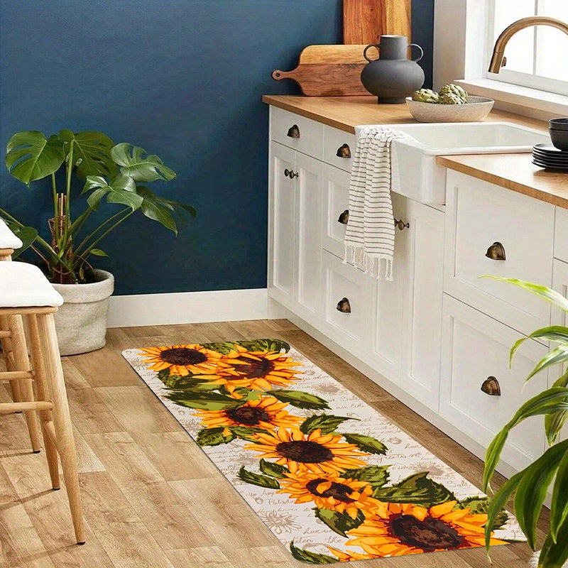 Sunflower Print Kitchen Floor Rug Water-Resistant Machine Washable Entrance Doormat