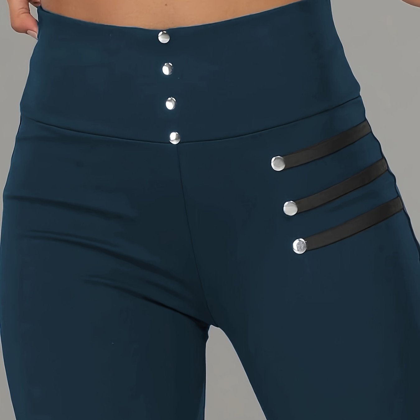 Women's High-Waisted Skinny Pants Dark Blue Faux Button Stretch Polyester Casual