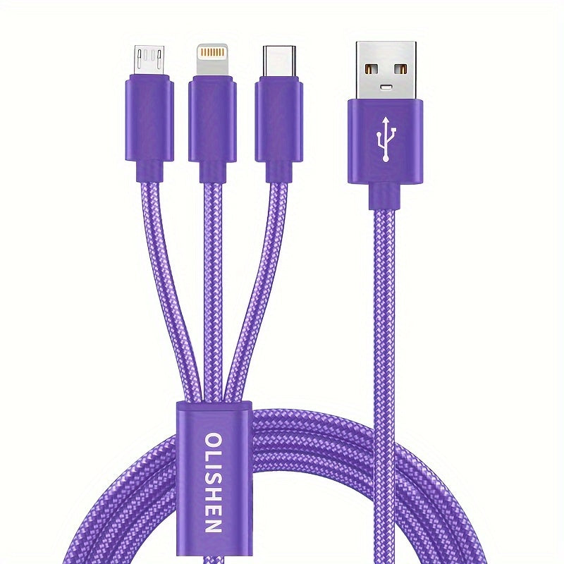 3-in-1 Nylon Braided USB Charging Cable with Fast Charging for iPhone, Samsung, Xiaomi