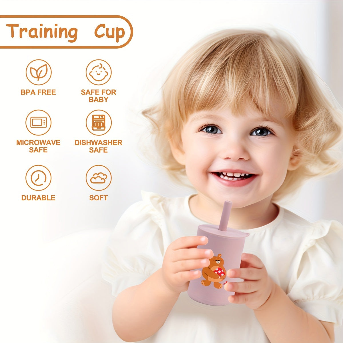 Silicone Baby Training Cups with Straw Lid Handle BPA-Free Reusable for 0-3 Years