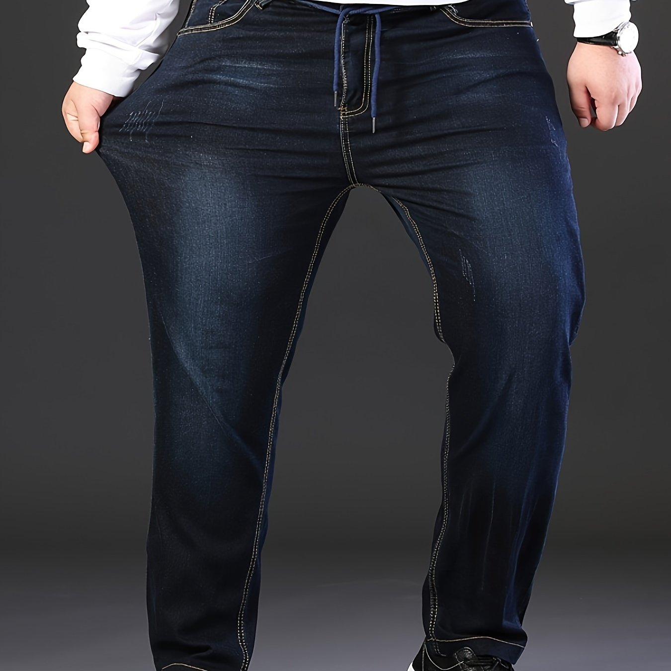 Men's Plus Size Stretchy Ribbed Elastic Waist Jeans for Business Casual