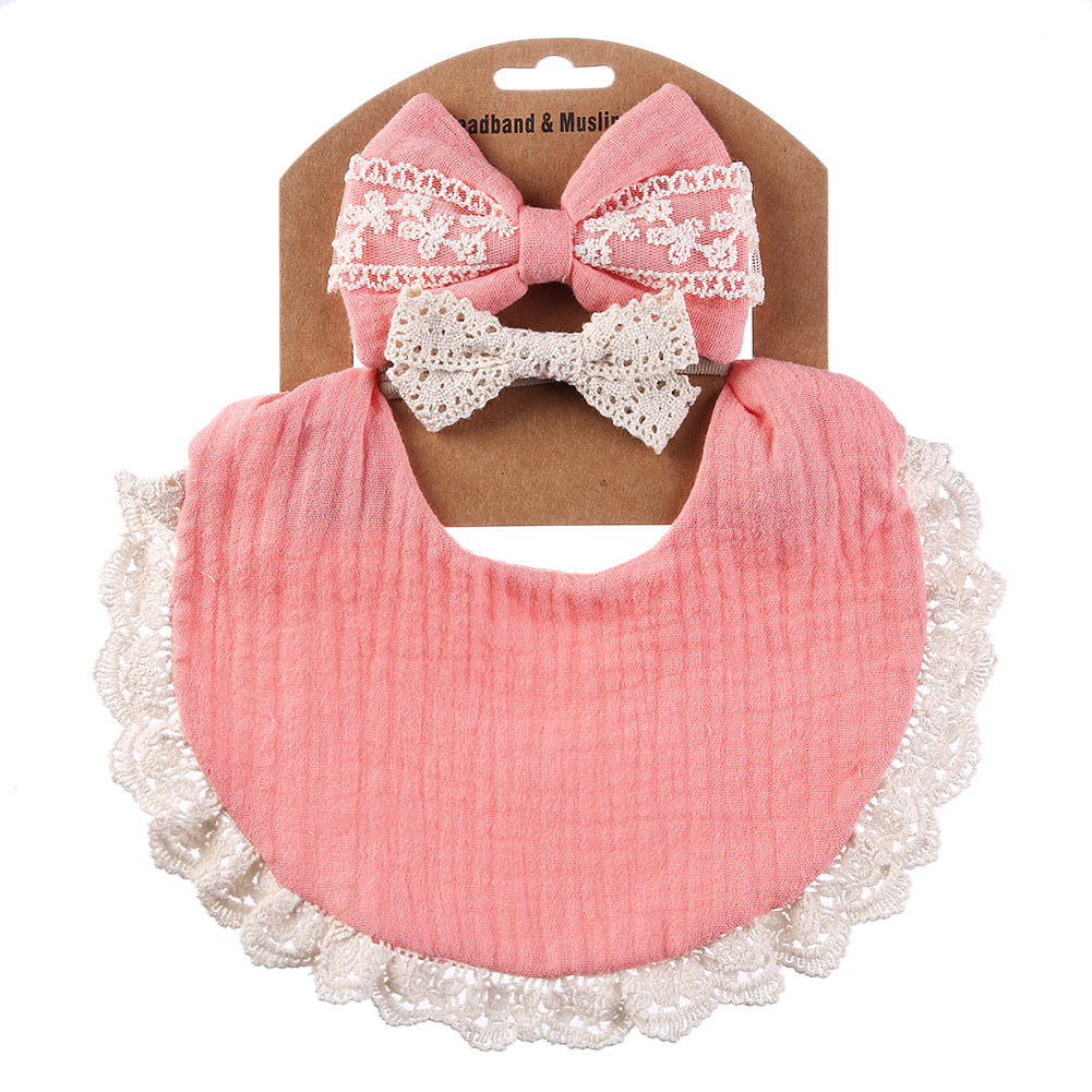 Baby Headbands and Bibs Set of Two with Stain-Resistant Baby Bib and Lace Bow Headband