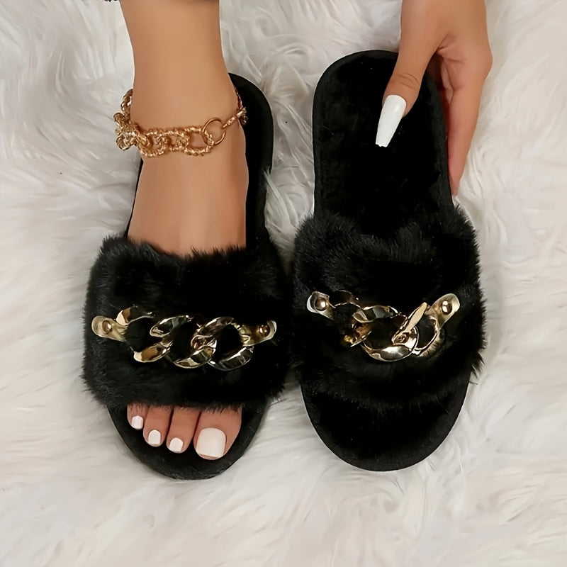 Women’s Faux Fur Slip-On Slides with Chain Link Detail and TPR Sole