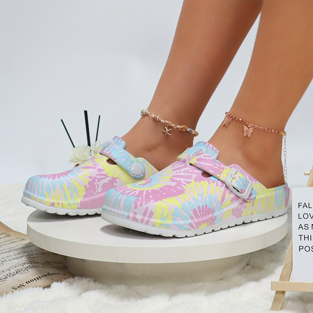 Women's Floral Print Mary Jane Slip-On Nurse Lab Shoes Non-Slip EVA