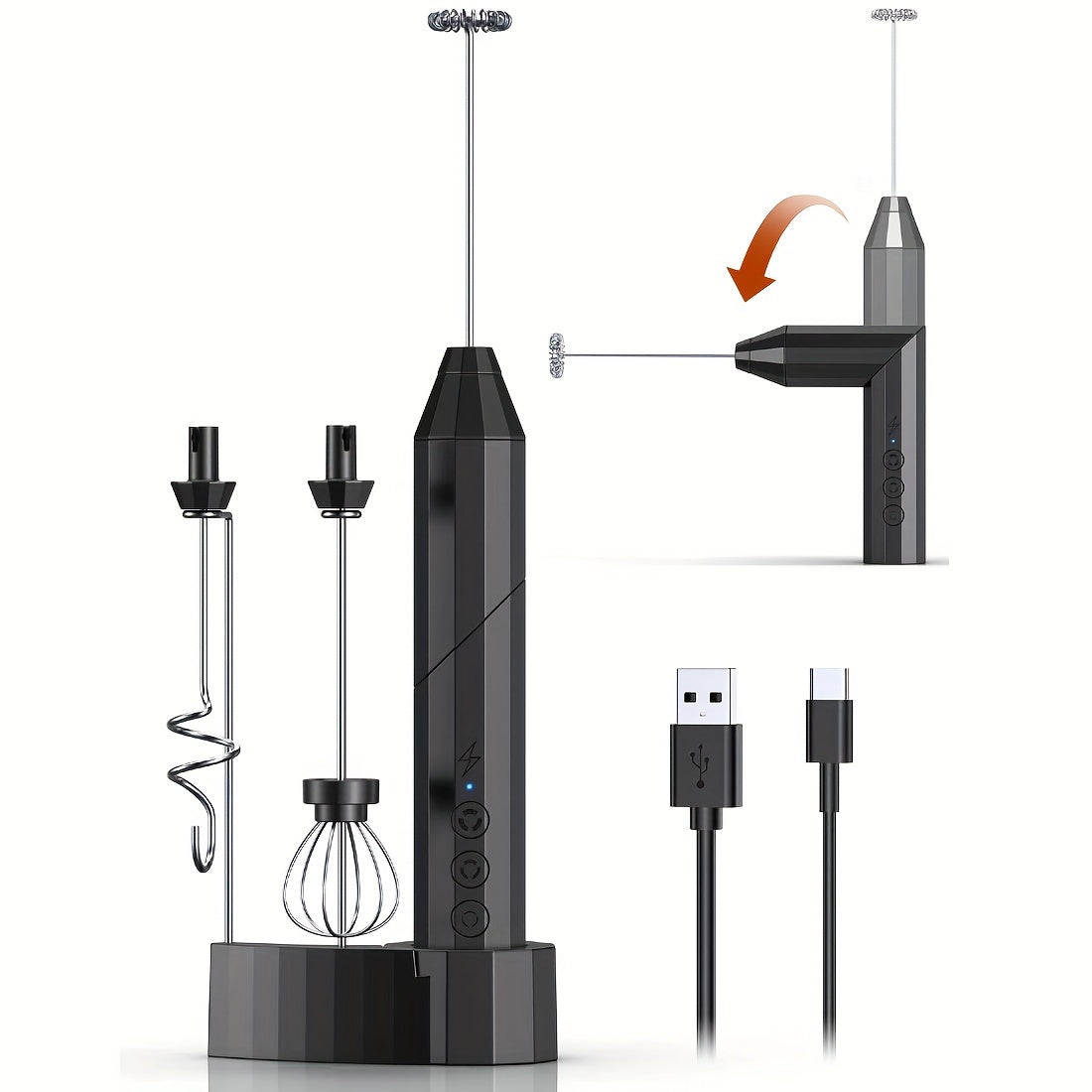 Rechargeable Handheld Milk Frother with Stand 3-Speed Electric Whisk and Stainless Steel Attachments