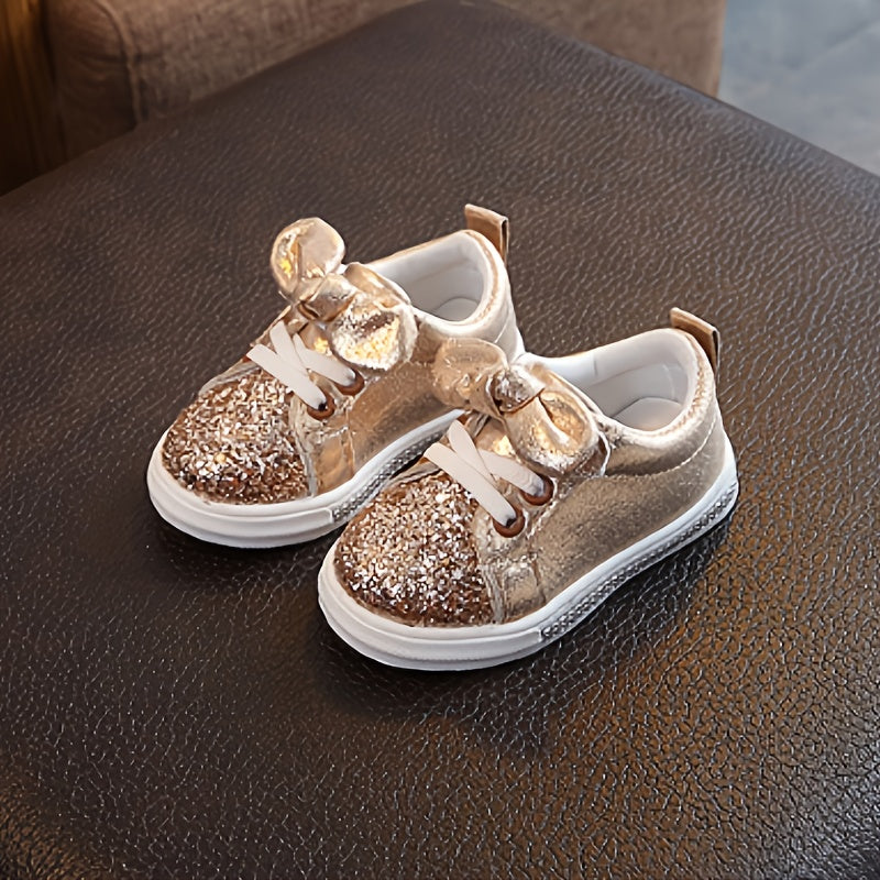 Girls Casual Slip-On Sneakers with Bow, Soft Sole, Solid Color, Fabric Upper