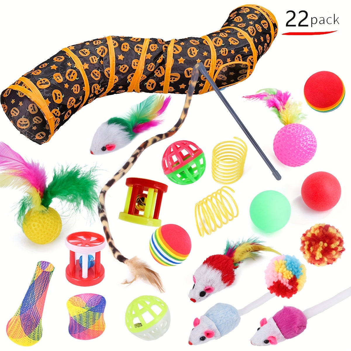 22-Piece Cat Toy Set with Tunnel Crinkle Balls Feathers Playballs for Indoor Cats