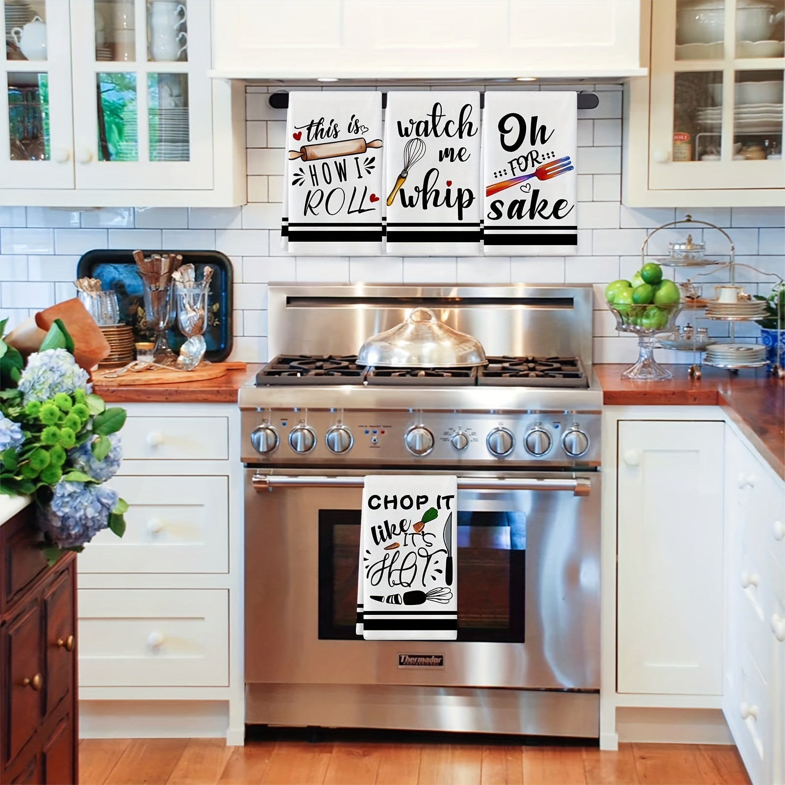 Funny Kitchen Towels Set with Sayings Egg Beater and Rolling Pin Design Absorbent Dish Drying Towels for Cooking and Baking