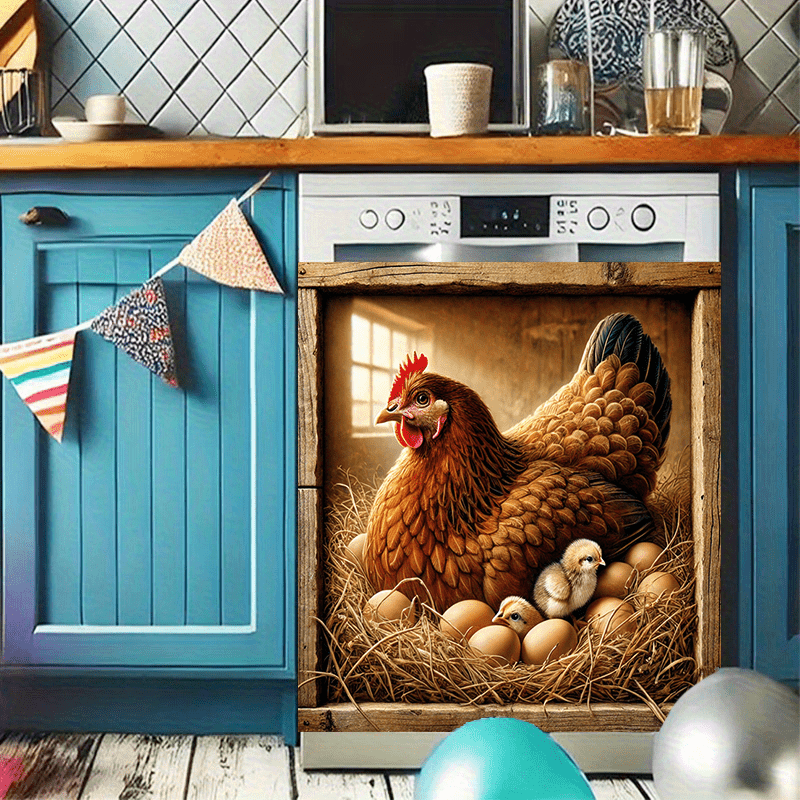 Mamlakat Hen and Chicks Dishwasher Magnet Cover Waterproof PVC Barnyard Egg Scene Kitchen Decor 58.5x65 cm