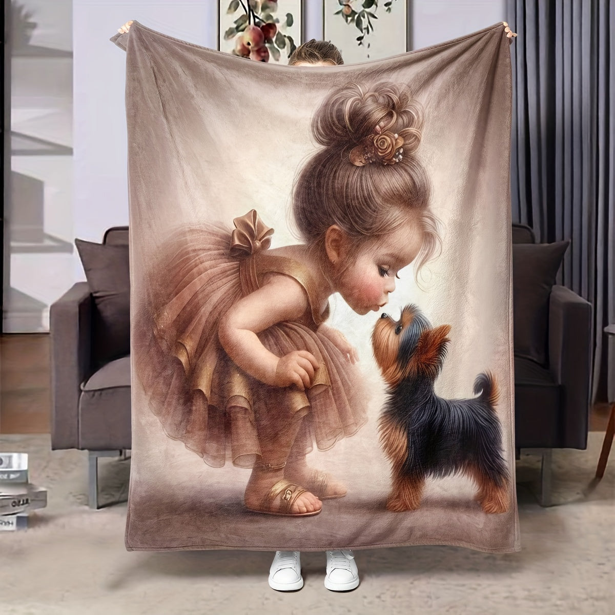 Soft Flannel Throw Blanket with Girl and Puppy Design Cozy Versatile for Couch Bed Office Travel