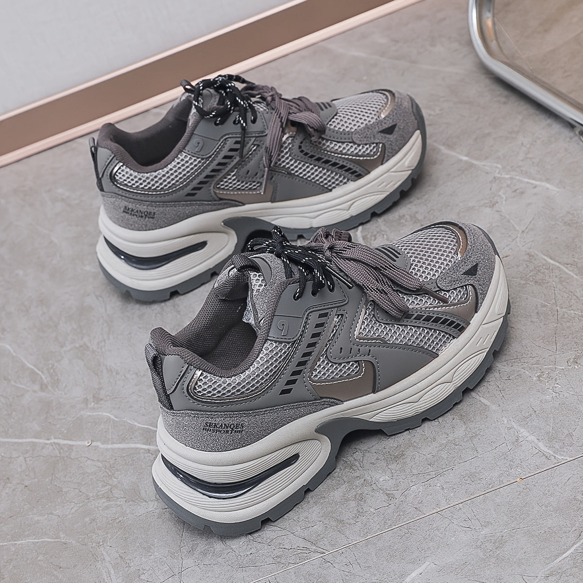 Women's Breathable Mesh PU Cover Low-Top Sneakers Casual Shoes Grey Black