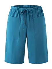 Plus o'lcham ayollar uchun polyester shortlari, bir rangli, yuqori bel, cho'ntaklar