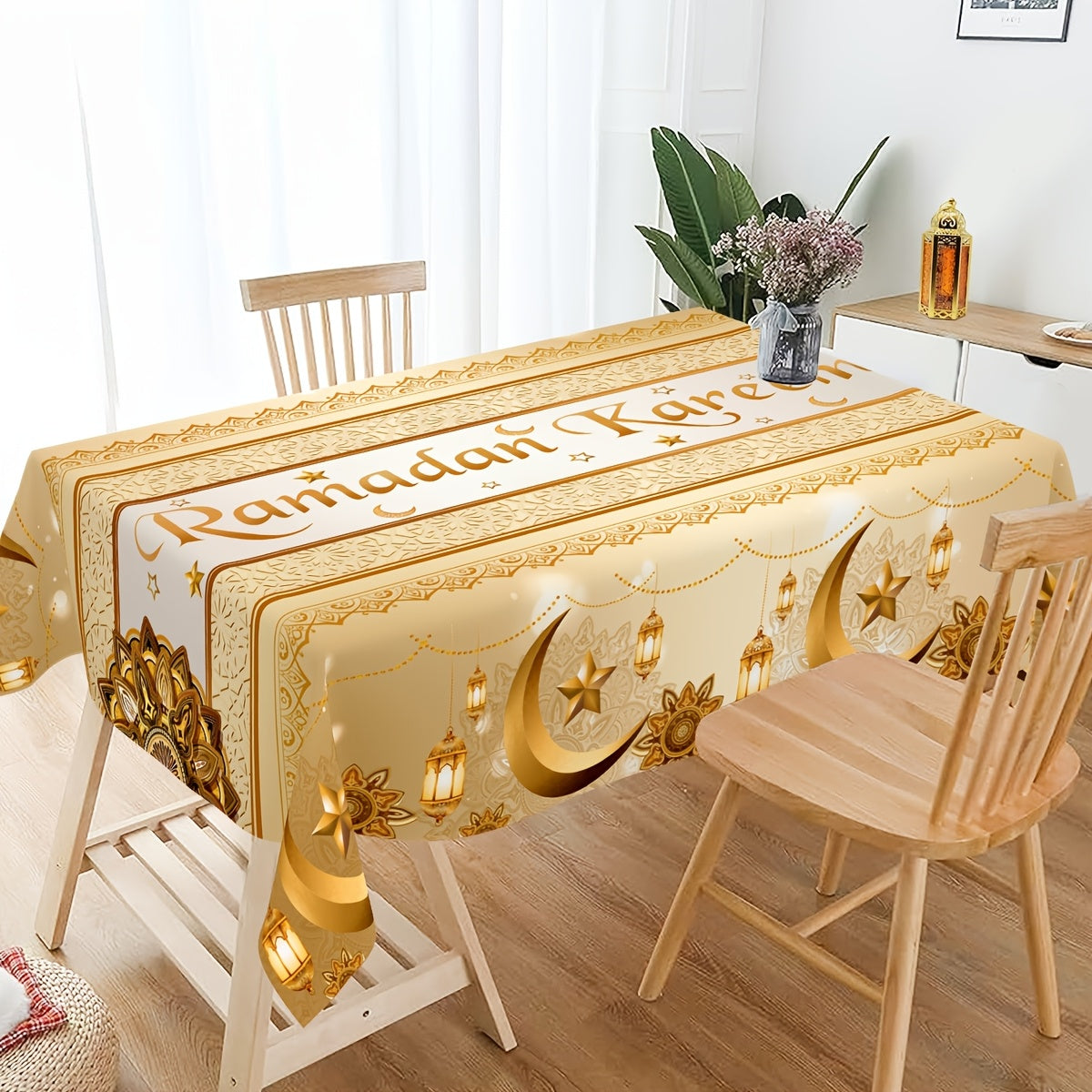 1 dona Oltin Polyester Ramazon Stol usti, Oydin chiroq va gullar dizayni bilan, Eid bayrami davomida uy oshxonasini bezash uchun mukammal.