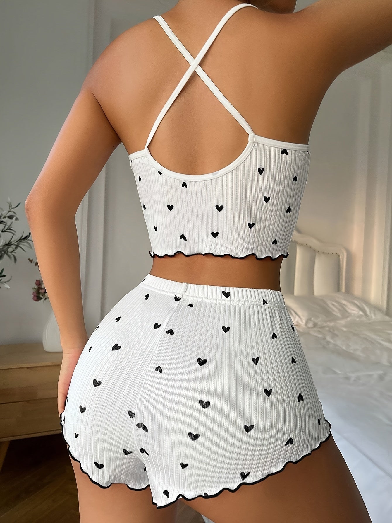 Women's Pajama Set with Love Print Crossed Belt Knitted Stripes Suspender Shorts