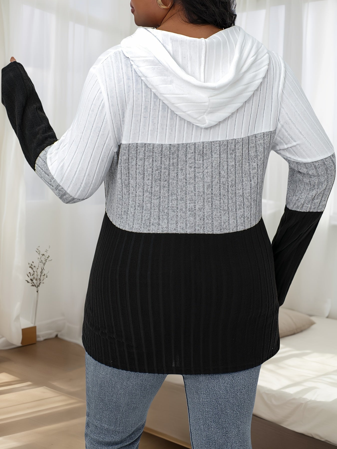 Plus Size Color Block Hoodie Women’s Long Sleeve Casual Zipper Drawstring