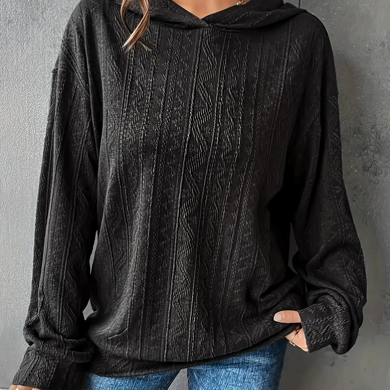 Plus Size Women's Solid Textured Long Sleeve Hoodie Sweatshirt