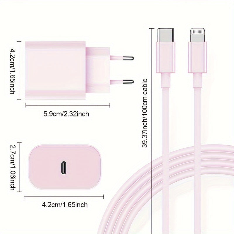 10W USB-C zaryadlovchisi iPhone, iPad, Android va boshqa qurilmalar uchun, Evropa standartidagi ulagich va pushti rangda.