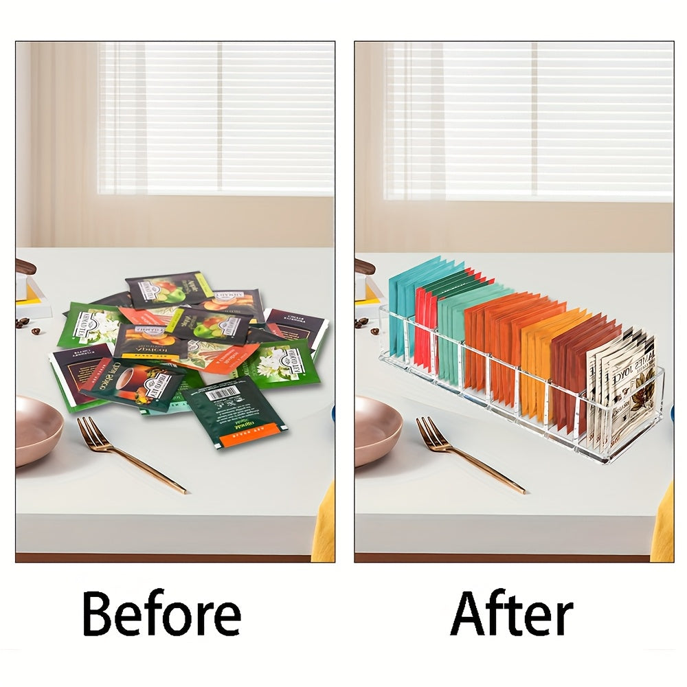 Clear Acrylic Tea Bag Organizer Holder with Labels for Pantry and Drawer