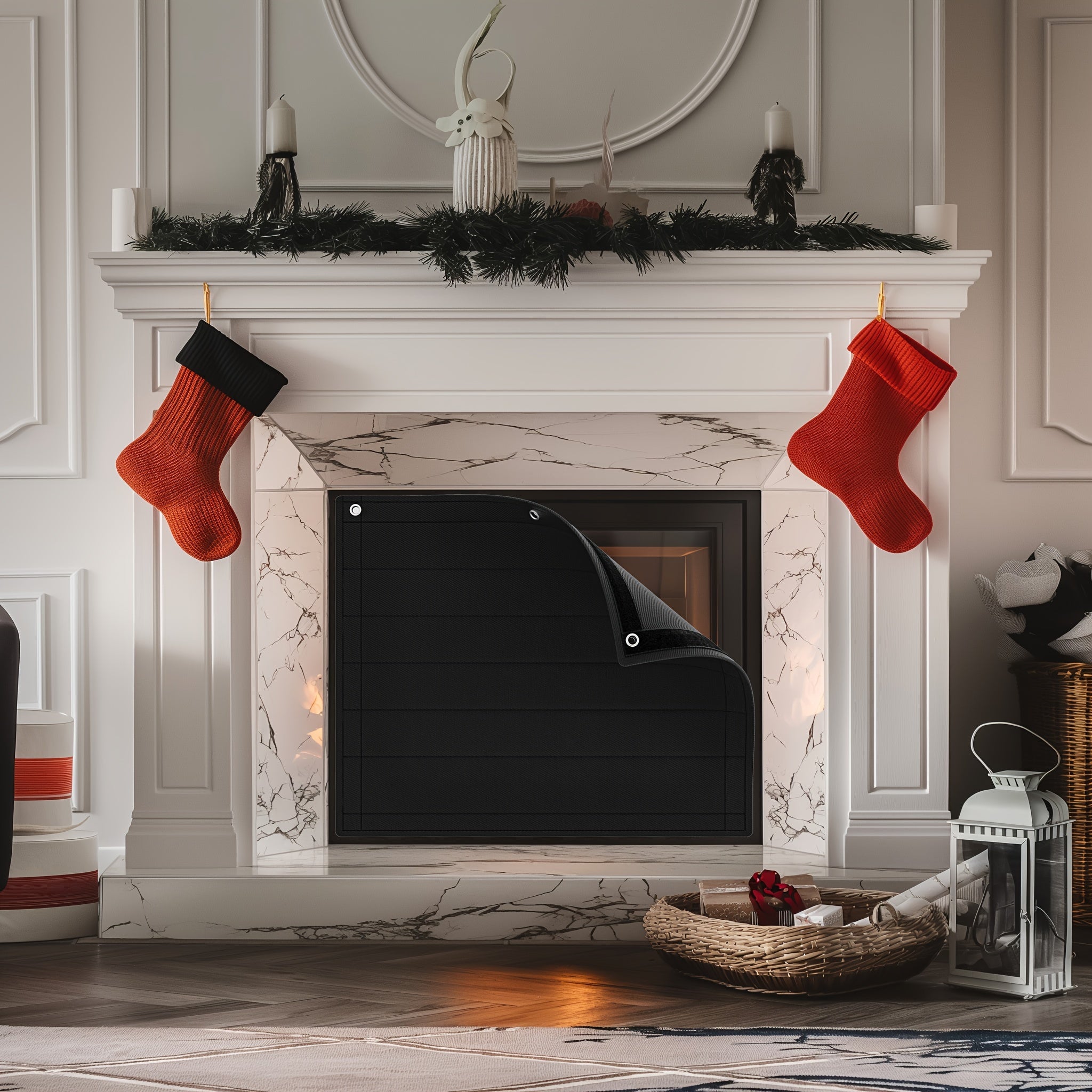 Black Fireplace Cover Indoor Use Flame Retardant Oxford Fabric Heat Loss Prevention