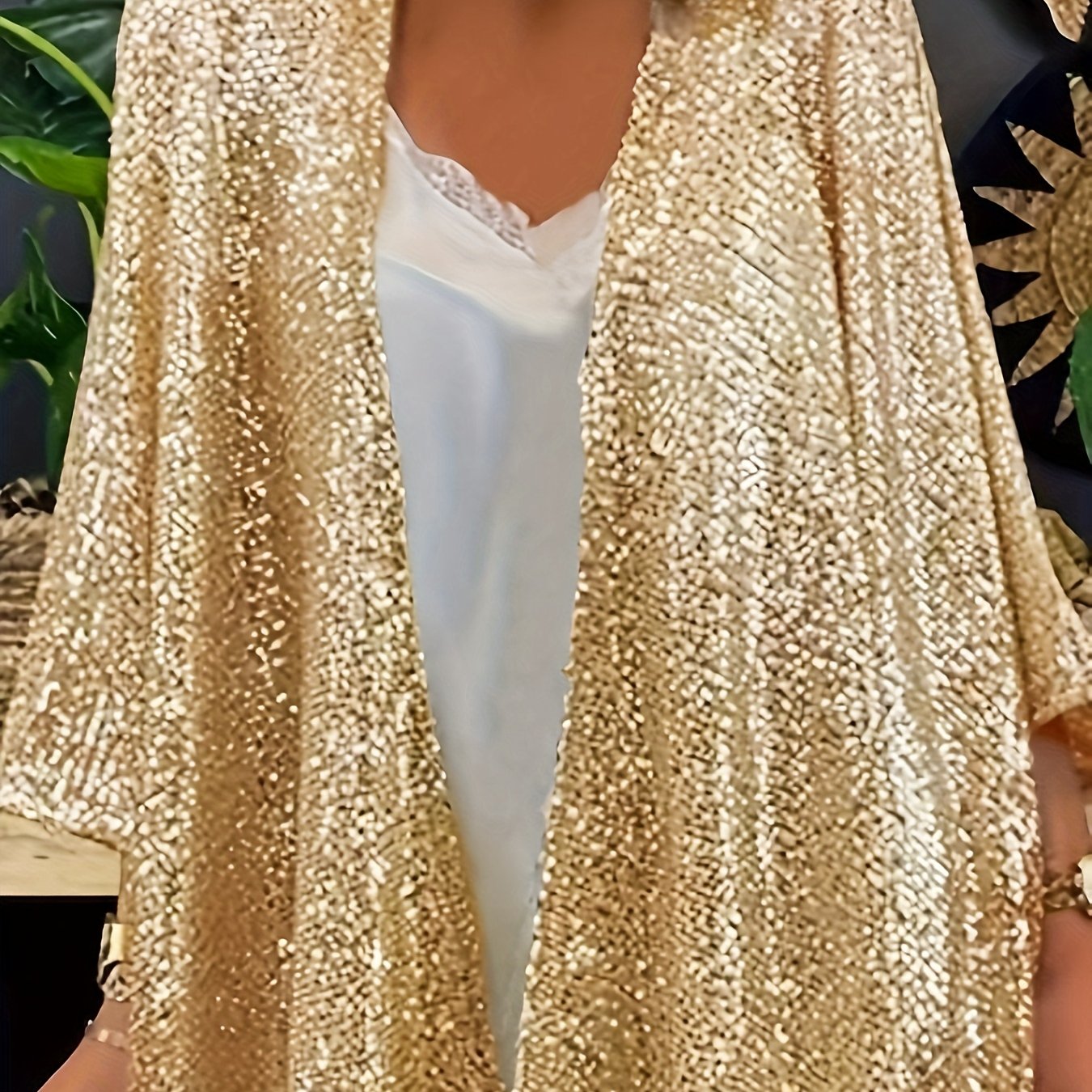 Plus Size Women's Sequin Sleeve Blouse Vivid Red Open Front Casual Formal