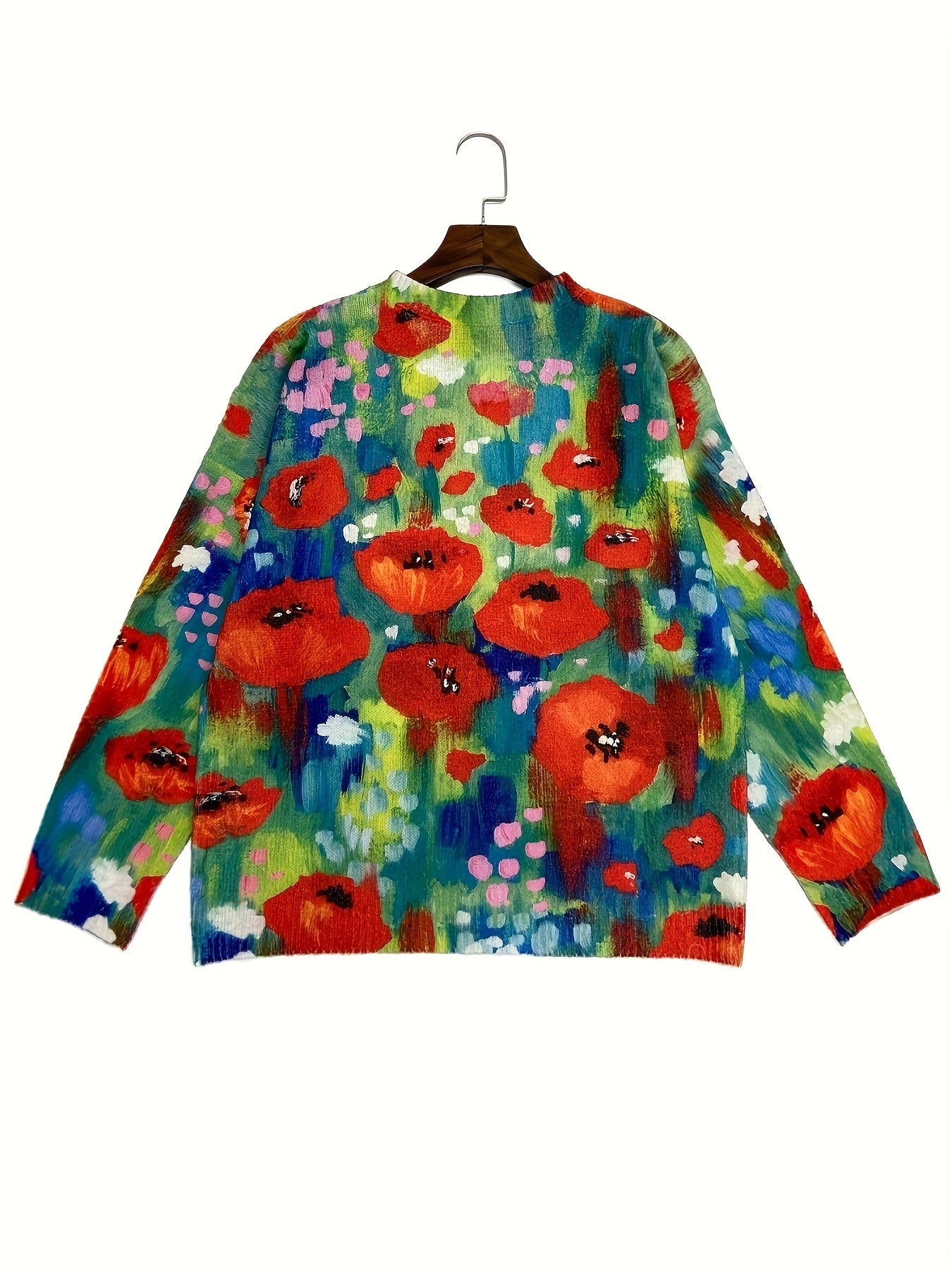 Women’s Plus Size Floral Print Cardigan Long Sleeve Red Poppy Winter Wear