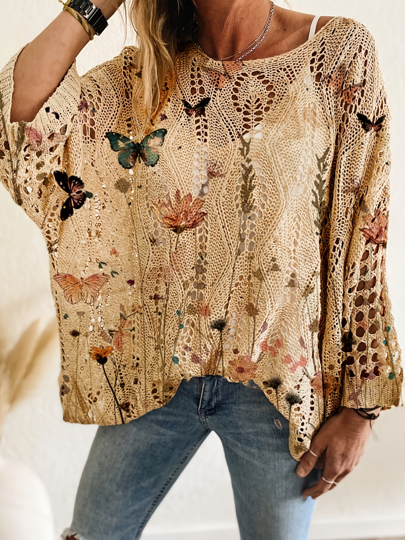 Ayollar uchun gulzorli off-shoulder kofta, uzun qoʻl, batwing fit, kundalik yozgi kiyim